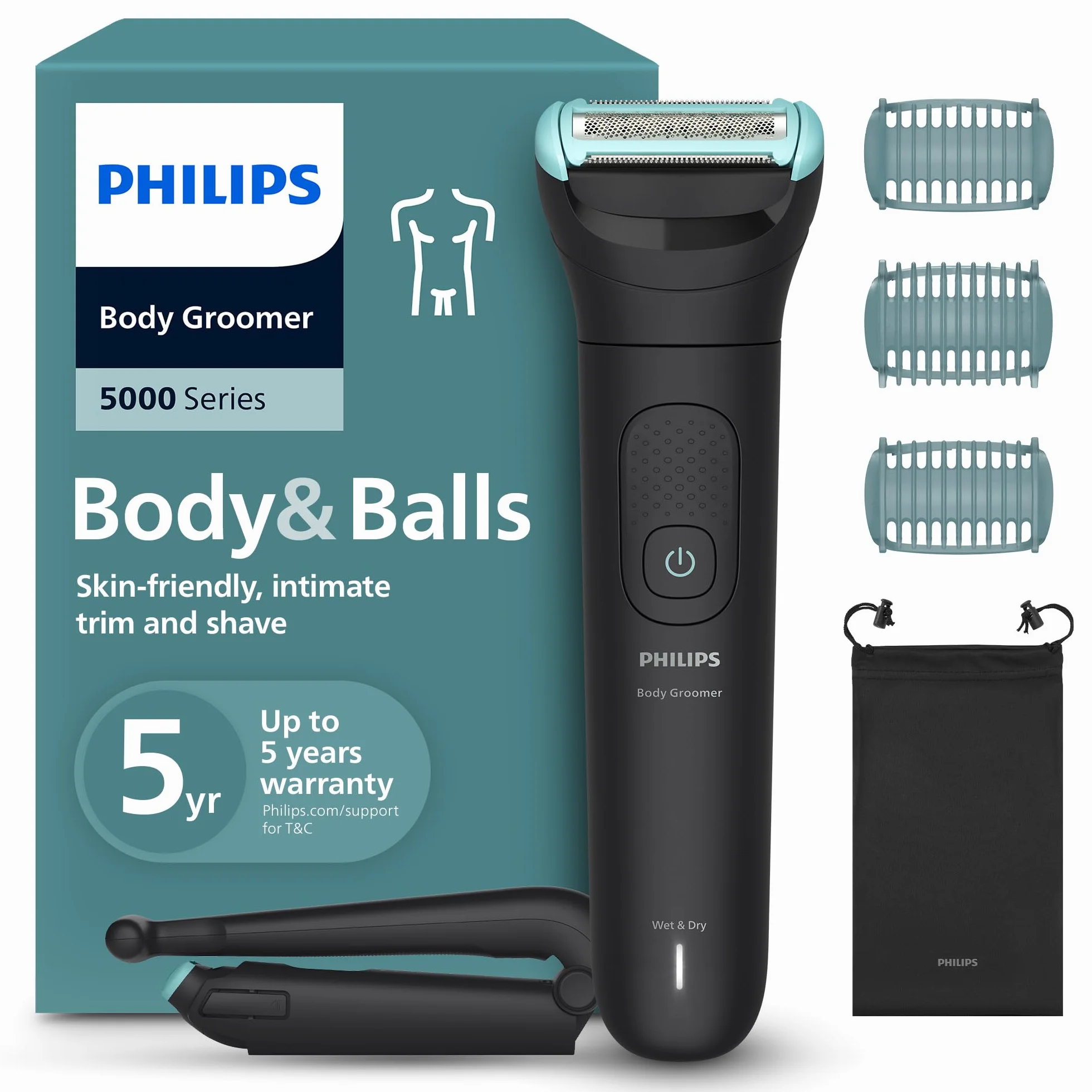 Philips Bodygroom 5000 für Herren – mit Dreifachschutz-Rasiersystem, elektrisch trimmen und rasieren im Intimbereich, klappbarer Rückenaufsatz, 100% duschfest, 100 Min. Laufzeit, Modell BG5480/15