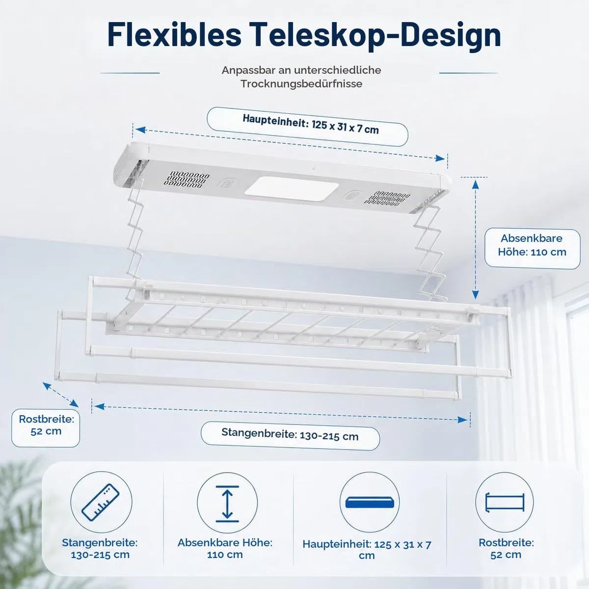 Elektrischer Wäscheständer Deckenmontage Mit Fernbedienung und LED-Licht,Verstellbare Länge und Höhe Wand und Decken Wäscheständer,Für Familien, Balkone, Wohnungen (Weiß)