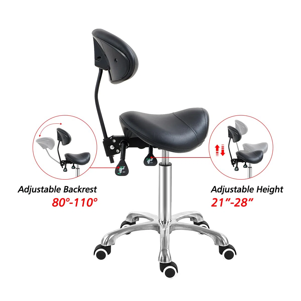 Antlu Sattelhocker mit Rückenstütze, ergonomischer Kosmetikhocker für Friseur Tattoo Spa Medizin Zahnarztpraxis (mit justierbarer Rückenlehne, Schwarz)