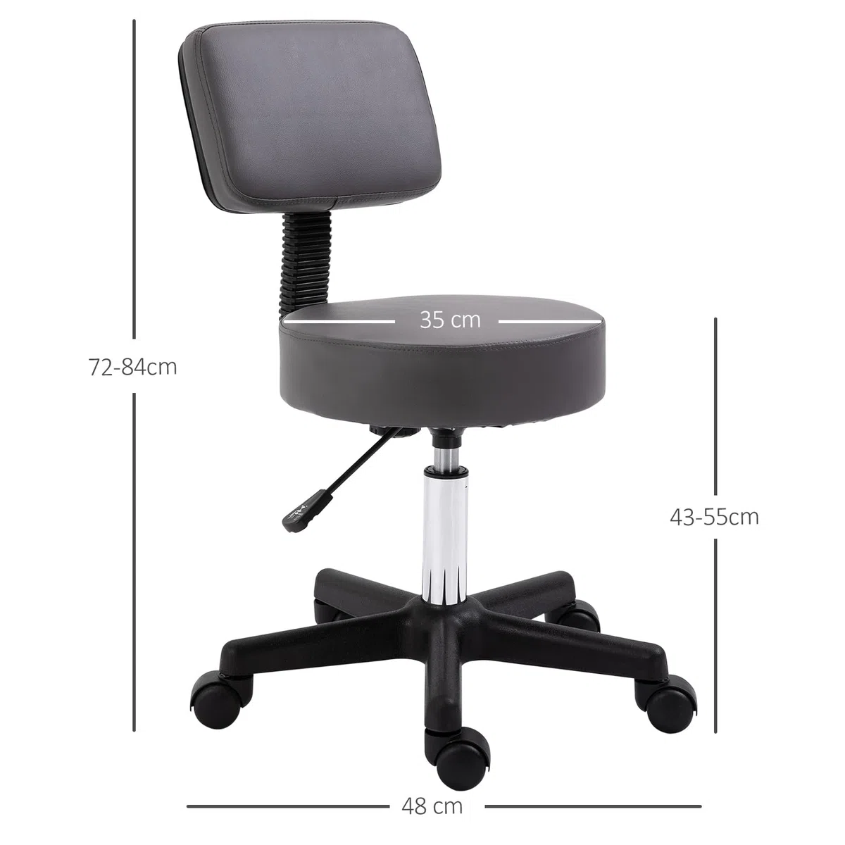 HOMCOM Rollhocker höhenverstellbar mit Rückenlehne Drehhocker 72-84 cm Arbeitshocker 360° drehbar Bürohocker für Büro Salon Massage Spa Grau
