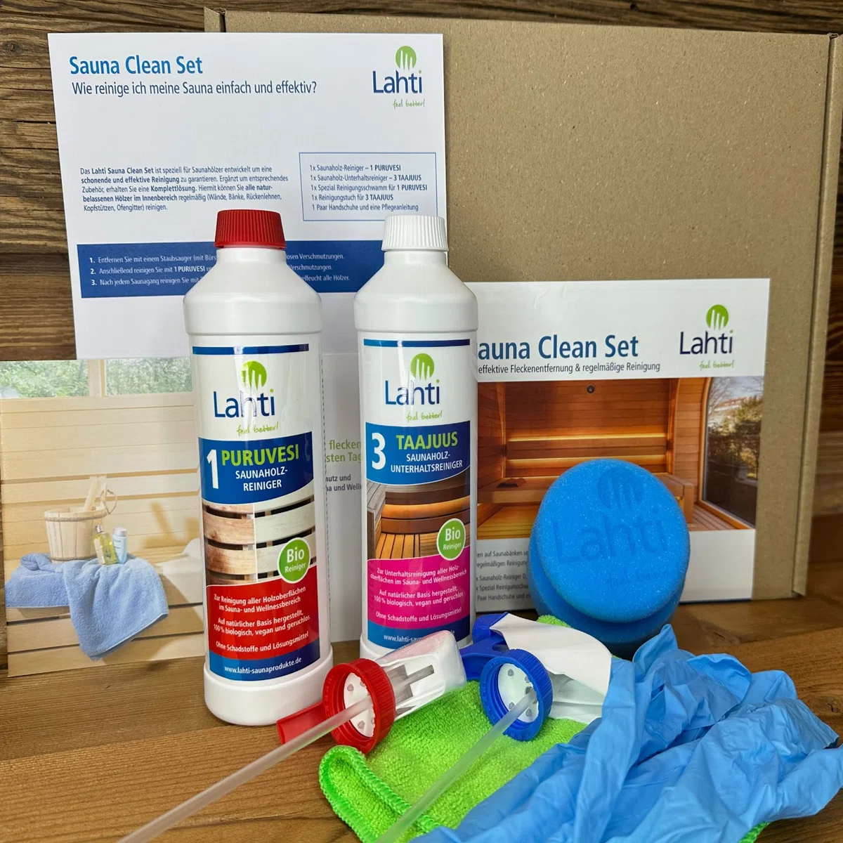 Lahti Sauna Clean Set – Premium Komplettlösung für Sauna-Reinigung | Effektiv für Saunaholz & Fliesen | Nachhaltig & Biologisch Abbaubar | Inkl. Zubehör