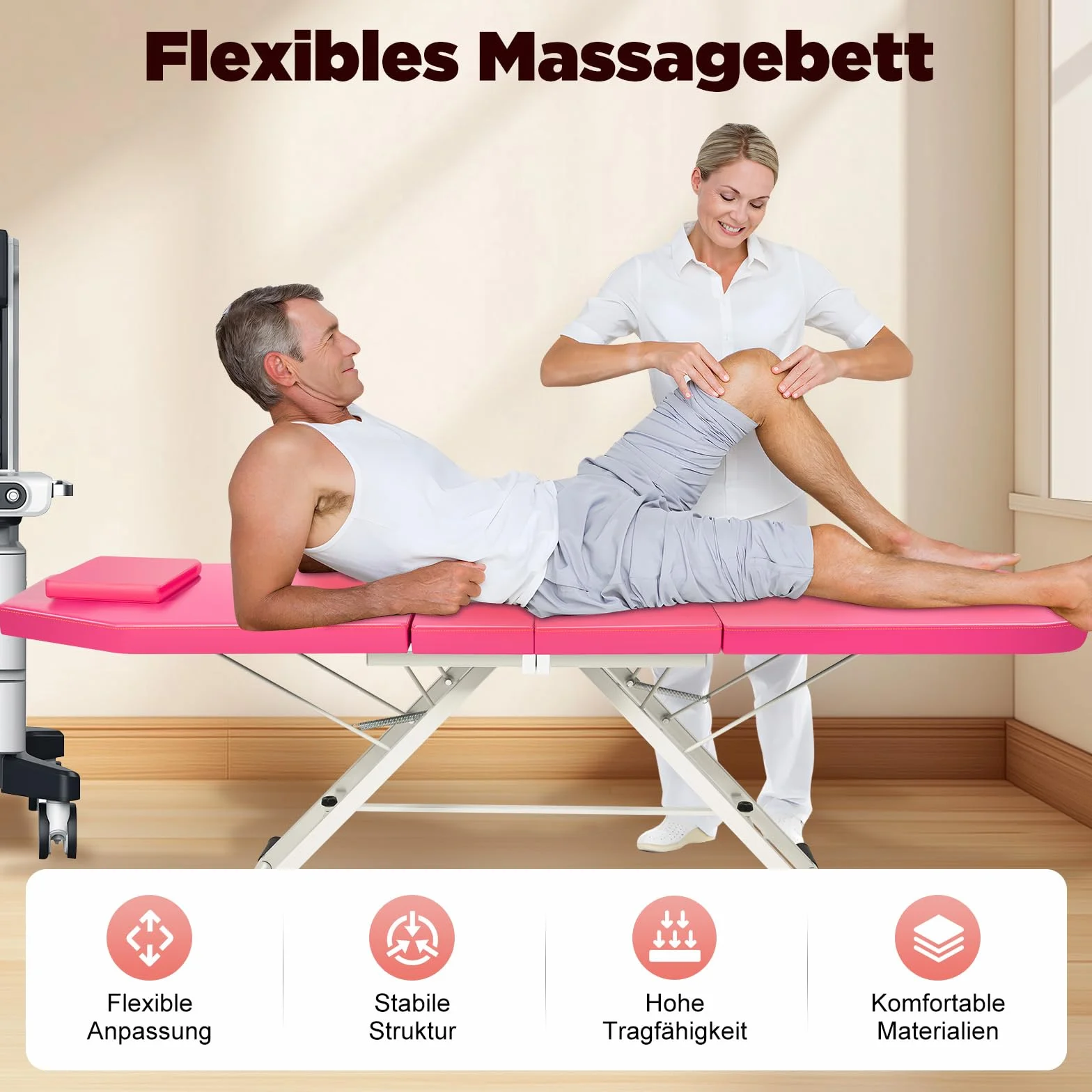 Kosmetikliege, 3 Zonen Wimpernliege, Mobile Klappbar Massageliege für Spa Salon Tattoo Schönheit, Tragfähigkeit 200-250 kg, Rosa