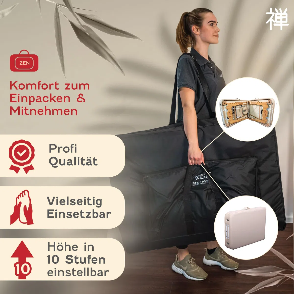 ZEN BASIC III Massageliege klappbar & mobile Massagetisch aus Holz, stabile Massagebett - Massagebank höhenverstelbar, Tattoo & Kosmetikliege, Behandlungsliege mit Kopfteil, Armstütze & Tasche (Creme)