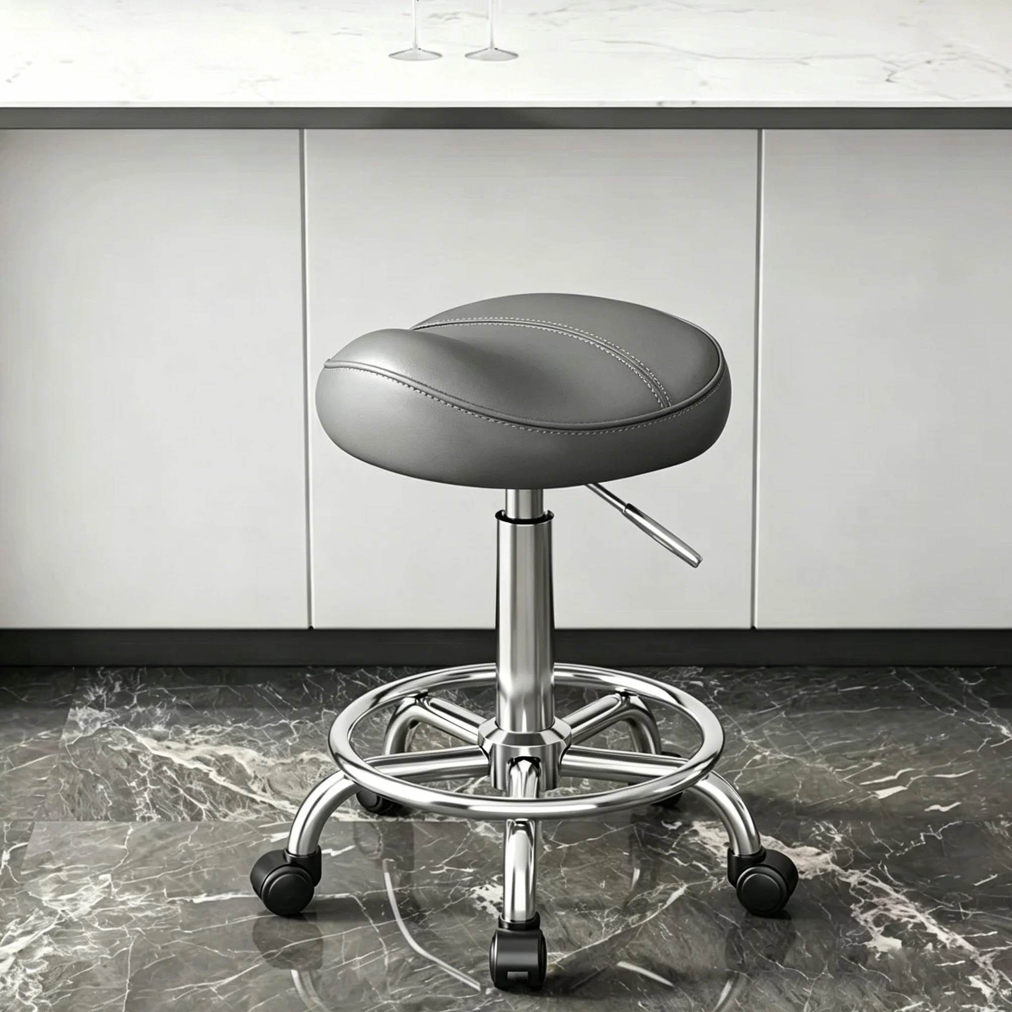 Balama Sattelhocker höhenverstellbar 50-70 cm mit Rollen, bis 150kg, ergonomischer Rollhocker, 360° drehbar, Robustes Kunstleder mit dickem Sitzpolster, zertifizierte Gasdruckfeder, Grau