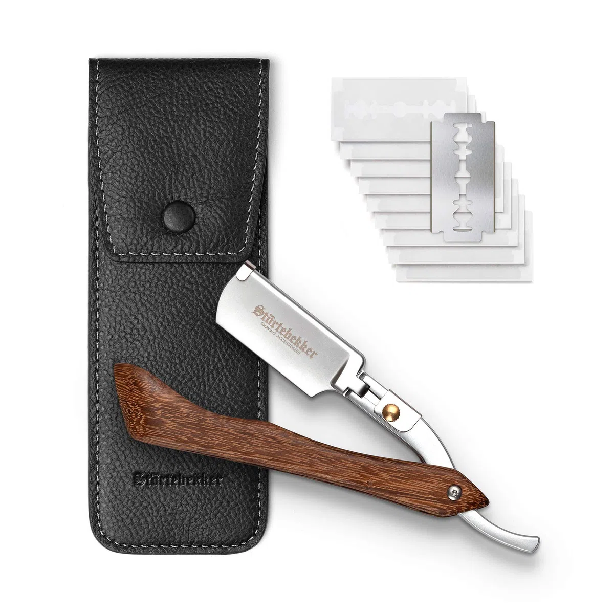 Störtebekker® Premium Rasiermesser mit Holzgriff im handgefertigten Lederetui (Schwarz) inkl. Alaunstift & Rasurguide [+ 10 Klingen] - Geschenkidee - Rasiermesser Set - Nassrasierer Set - Rasierset