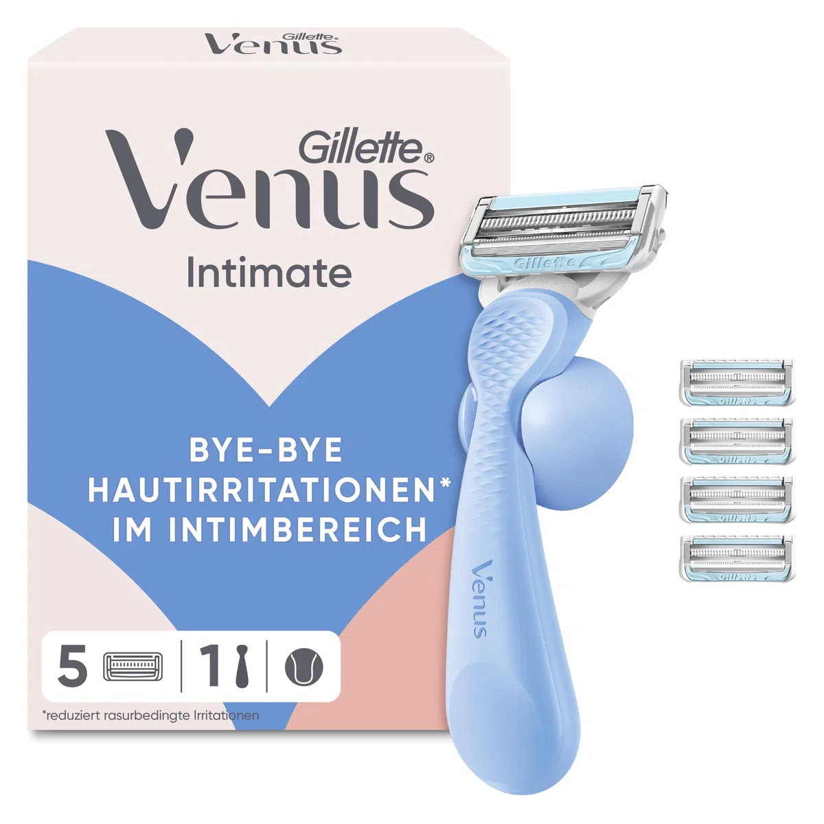 Gillette Venus Intimate Rasierer Damen, Hellblau - Damenrasierer für Den Intimbereich, Intimrasierer für Frauen, Nassrasierer, Inkl. 5 Rasierklingen, Handstück und Duschhalterung