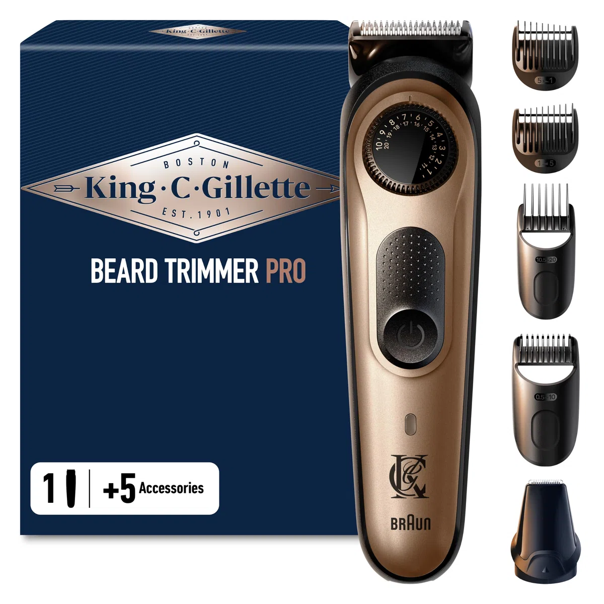 King C. Gillette Elektrischer Bartschneider Herren Pro mit Präzisionsrad für 40 Bartlängen, Abwaschbar, Ultrascharfe Lebenslang Klingen aus Vollmetall, Kabelloser Bartrasierer — Schwarz und Kupfer