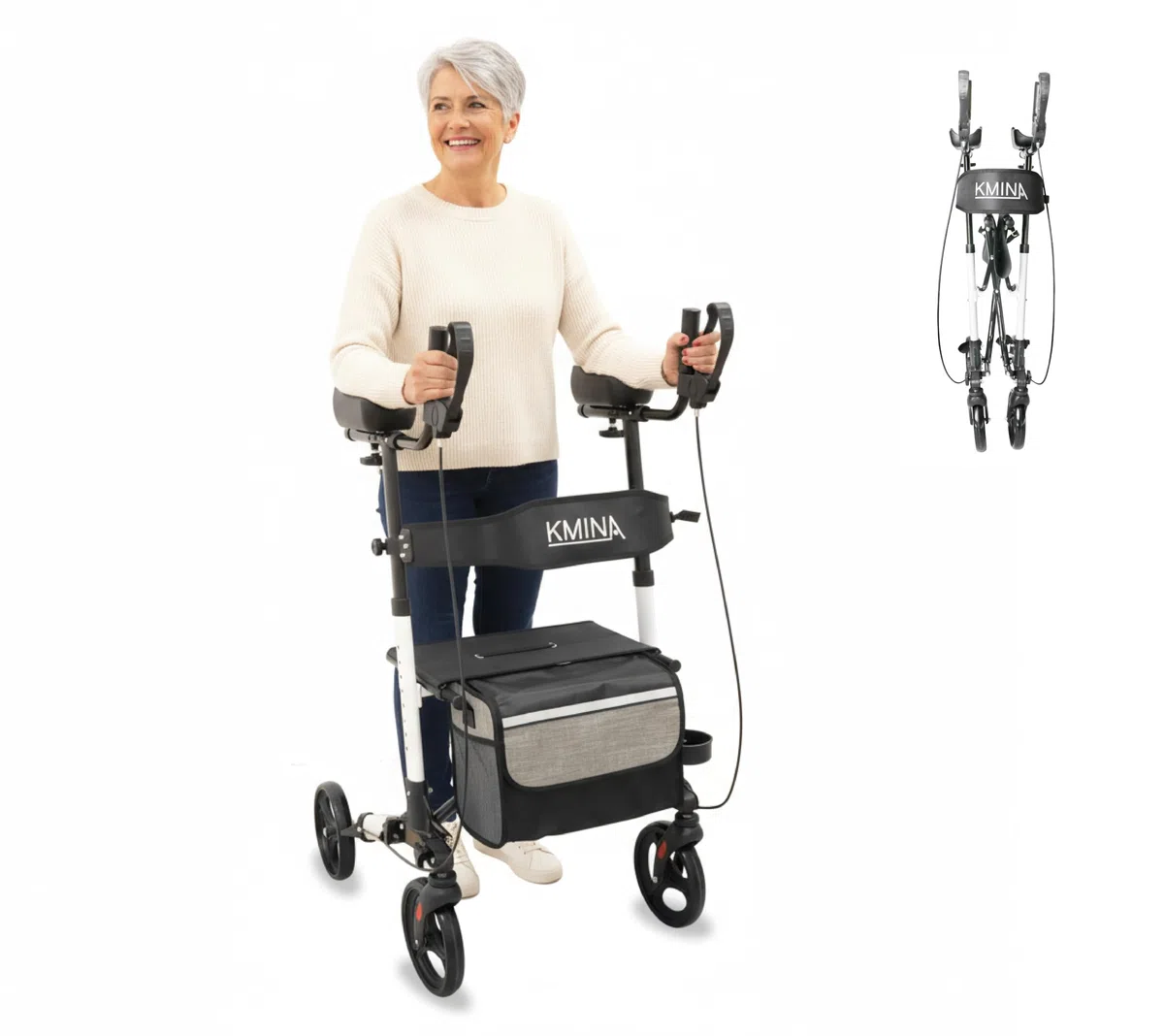 KMINA Arthritis Rollator mit Unterarmstützen, Outdoor Rollator Faltbar mit Sitz und Rückenlehne, Höhenverstellbare Gehhilfe für Senioren, Belastbar bis 136 kg, Korb