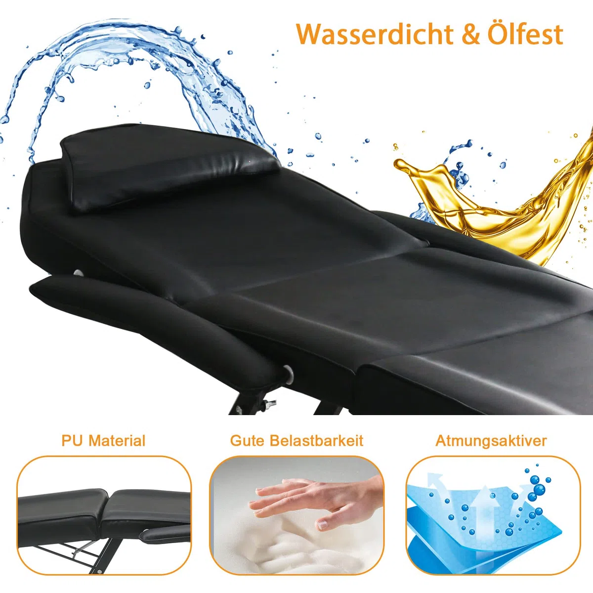 KEEPREAPER Massageliege Kosmetikliege klappbar & höhenverstellbar 3 Zonen mit Kosmetikhocker 78cm Breit Massagebett aus PU-Leder belastbar bis 270kg, Schwarz