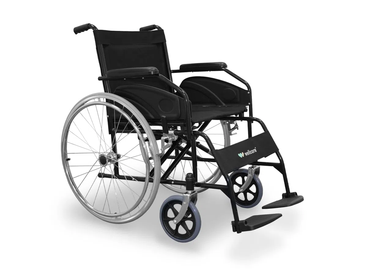 WELLCORE Stahl Faltbarer Rollstuhl, Stahlrahmen, leicht und kompakt, stabile Rollen, Griffbremsen, klappbare Rückenlehne, Sitzbreite 46 cm, bis 100 kg