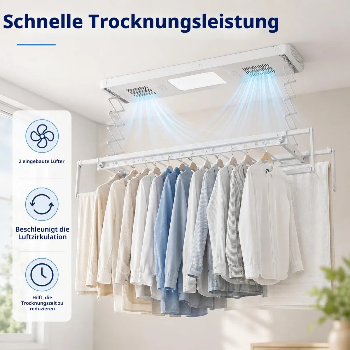 Elektrischer Wäscheständer Deckenmontage Mit Fernbedienung und LED-Licht,Verstellbare Länge und Höhe Wand und Decken Wäscheständer,Für Familien, Balkone, Wohnungen (Weiß)