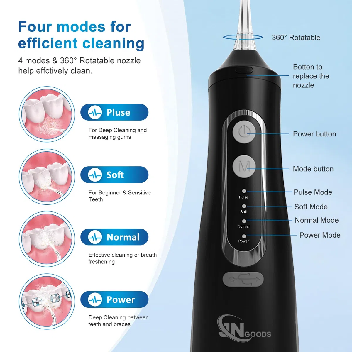 JNGOODS Kabellose Munddusche, 310 ml, wiederaufladbar, Wasserflosser für Zähne, IPX7, wasserdicht, 4 Modi, tragbare Bewässerung mit 4 Strahlspitzen, für Reisen und Zuhause, Schwarz