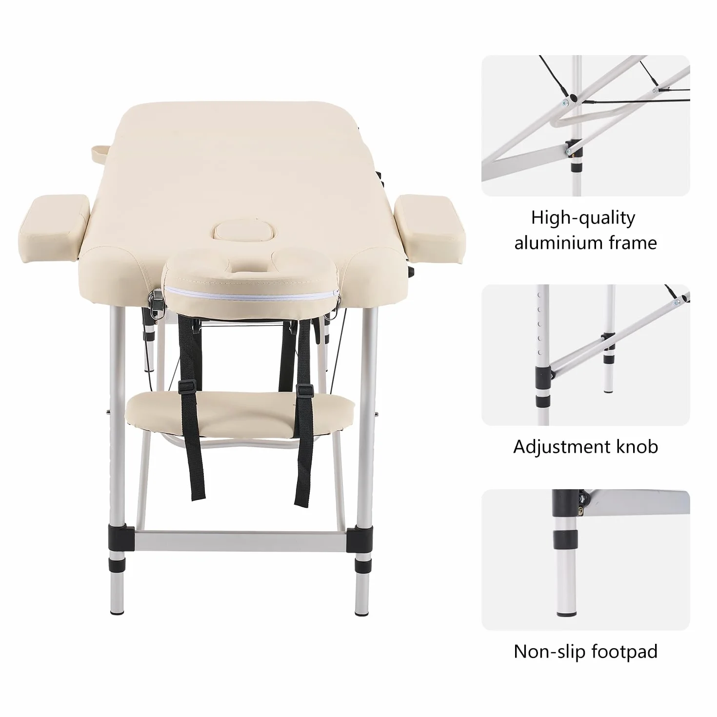 YOUNIKE Massageliege Mobile Klappbar 3 Zonen Höhenverstellbare Massagebank Aluminium mit Kopfstütze & Armlehnen und Tragtasche Massagetisch für Kosmetik Spa Salon Tattoo (Creme)