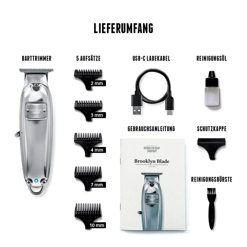 Brooklyn Soap Company - Brooklyn Blade Barttrimmer USB-C - Profi Bartschneider für Herren - Edelstahl Trimmer mit 5 Aufsätzen - Elektrischer Bart Rasierer für kurze bis mittellange Bärte
