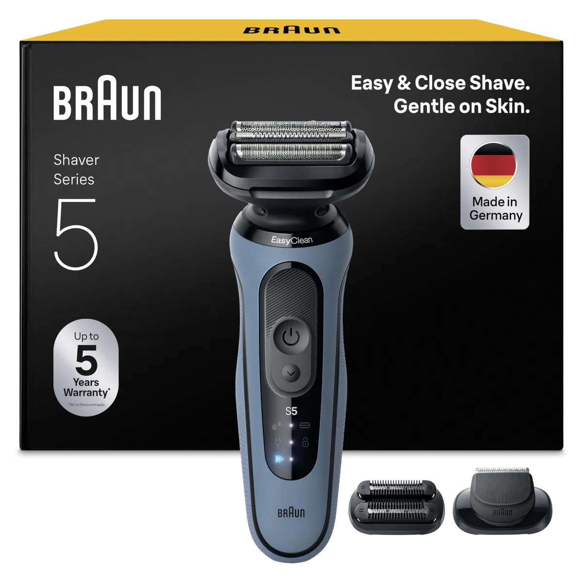 Braun Series 5 Elektrorasierer Herren, Rasierapparat mit 50 Min. Akkulaufzeit, +2 Aufsätze, Kabelloser Nass- und Trockenrasierer für Männer, Made in Germany, Wasserdicht, 52-A1820si, Azurblau