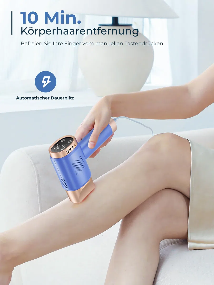 Geräte Haarentfernung mit 8℃ Kühlsystem, Schmerzfreie Haarentfernung Zuhause, 9 Energiestufen 21J für Damen Herren, Gesich Achseln Bikini Beine Körper, Hellblau
