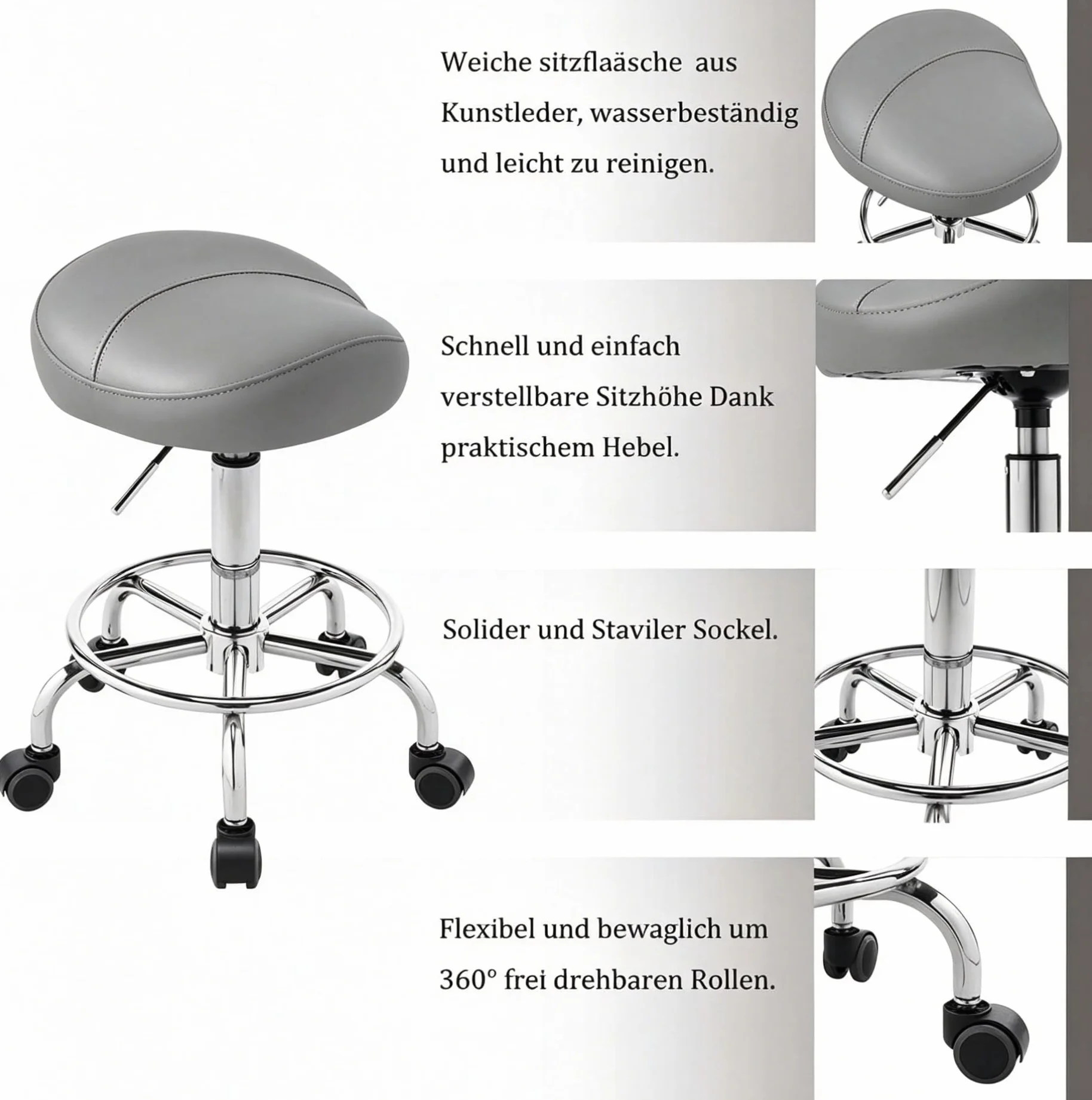 Balama Sattelhocker höhenverstellbar 50-70 cm mit Rollen, bis 150kg, ergonomischer Rollhocker, 360° drehbar, Robustes Kunstleder mit dickem Sitzpolster, zertifizierte Gasdruckfeder, Grau
