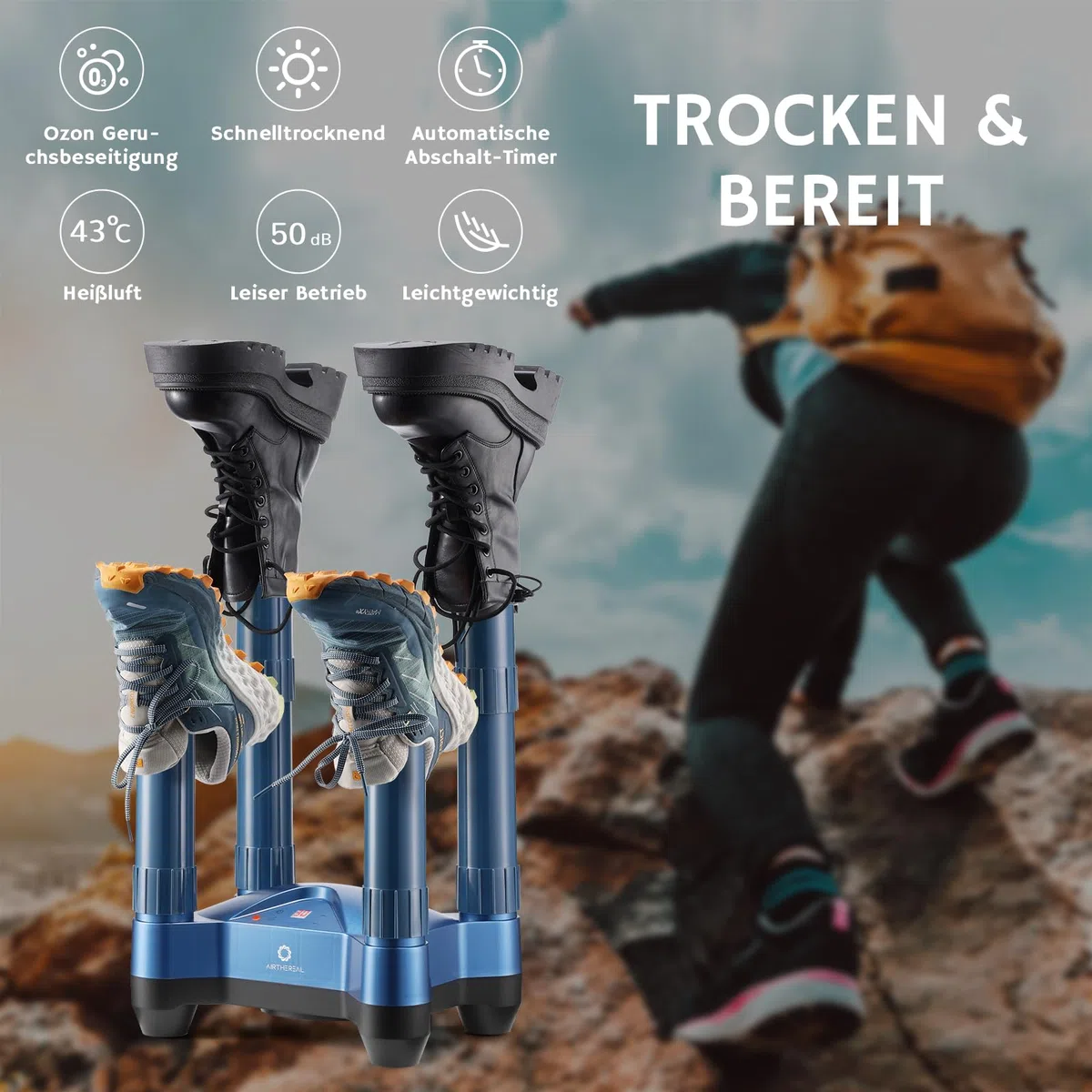 AIRTHEREAL SD20 Schuhtrockner & Schuhdeo – Elektrischer Schuhtrockner mit Ozon-Desinfektion, Heizgebläse, Schnelltrocknung & einstellbarem Timer, geeignet für Arbeitsstiefel, Skistiefel & Sneaker