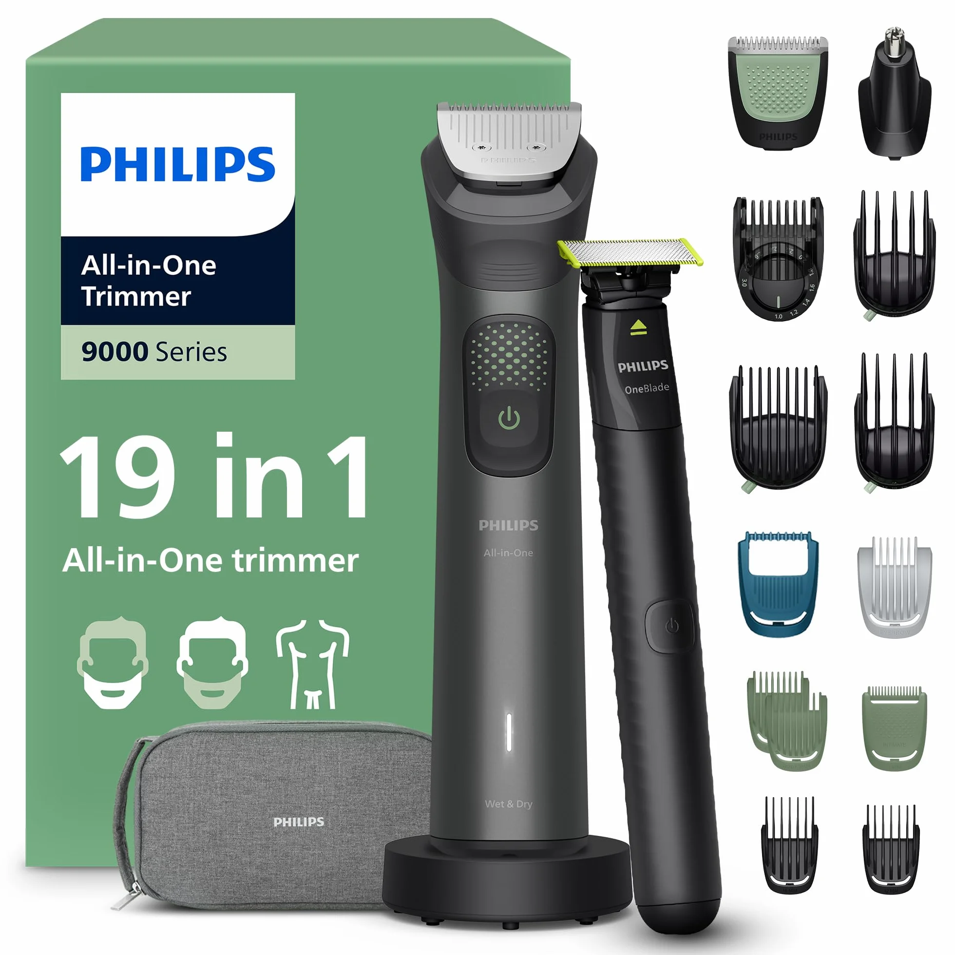 PHILIPS Multigroom Series 9000 All-in-One 19-teiliger Barttrimmer und Haarschneider + OneBlade-Trimmer - Komplettes Pflegeset für Gesicht, Kopf & Körper, 27 Längeneinstellungen (0,2-20 mm), MG9556/15