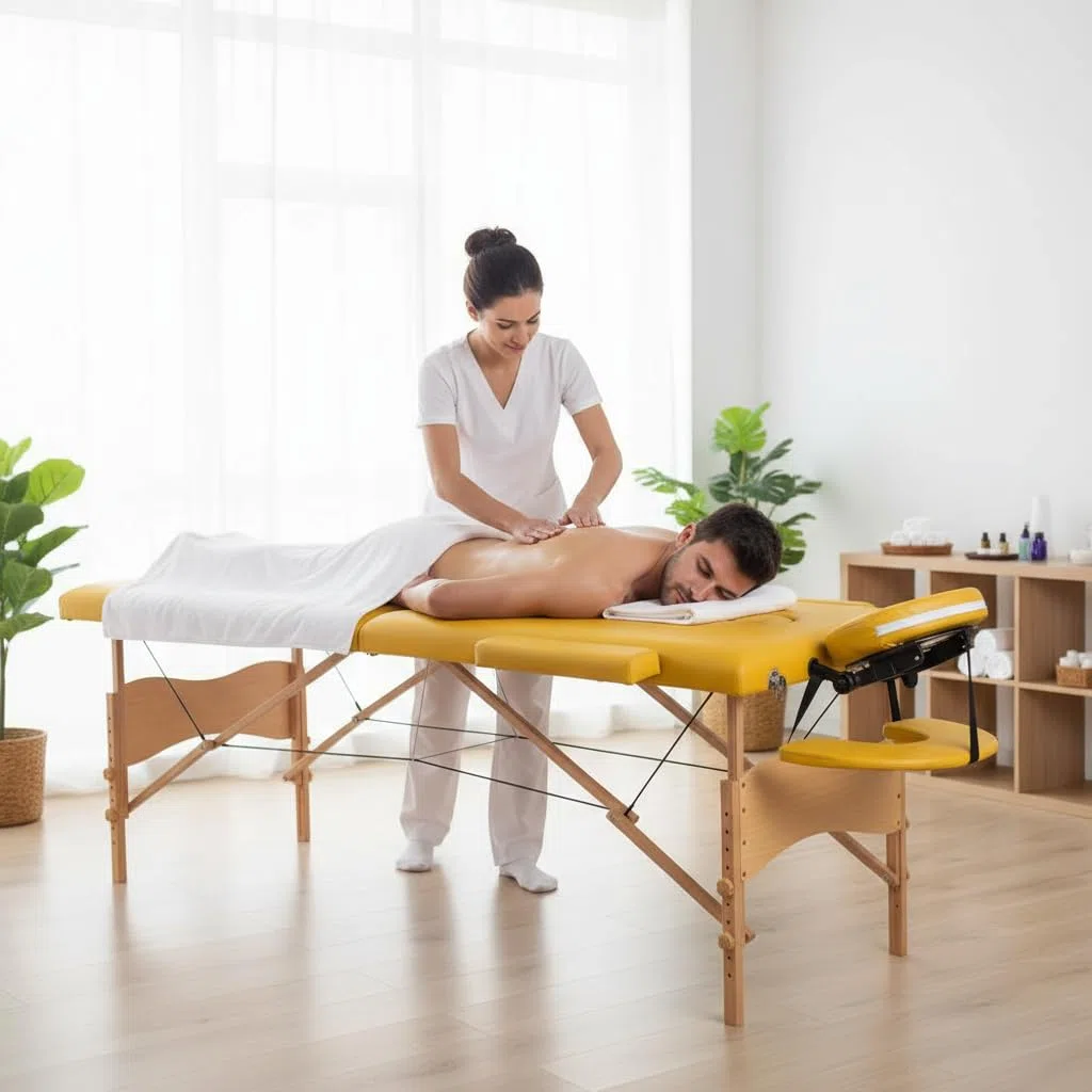 Mucola Massageliege 3 Zonen Massagetisch Holz| klappbar und höhenverstellbar | Portable Massagebank inkl. Zubehör Kopfstütze, Armlehnen und Tragetasche - Gelb