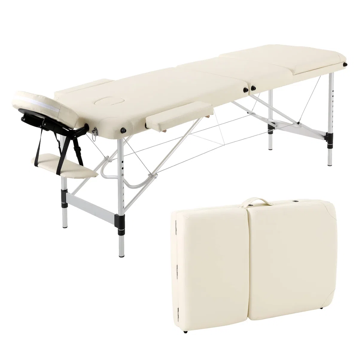 Panana Mobile Massageliege Klappbar 3 Zone, Höhenverstellbare Massagebank Aluminium mit Kopfstütze & Armlehnen und Tragtasche, Massagetisch für Kosmetik, Spa, Salon, Tattoo (Beige)