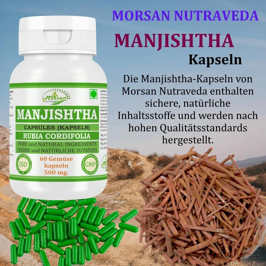 Manjishtha-Kapsel 500 mg. 60 Veganer. Einheiten | Manjith (Rubia Cordifolia) Extrakt-Kapseln für Männer und Frauen | Ayurvedische Kräuterergänzung/Heilmittel | 10:1 Stärke (1 Flasche mit 60 Kapseln)