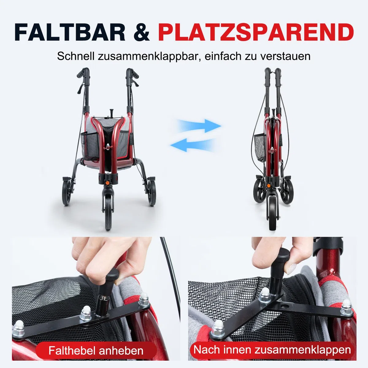 3 Rädern Leichter Schmal Rollatoren für Senioren, Tragkraft 158kg | Schmaler, zusammenklappbarer Rollator mit Rädern, höhenverstellbarer Rollator für ältere Menschen, Aluminiumlegierung