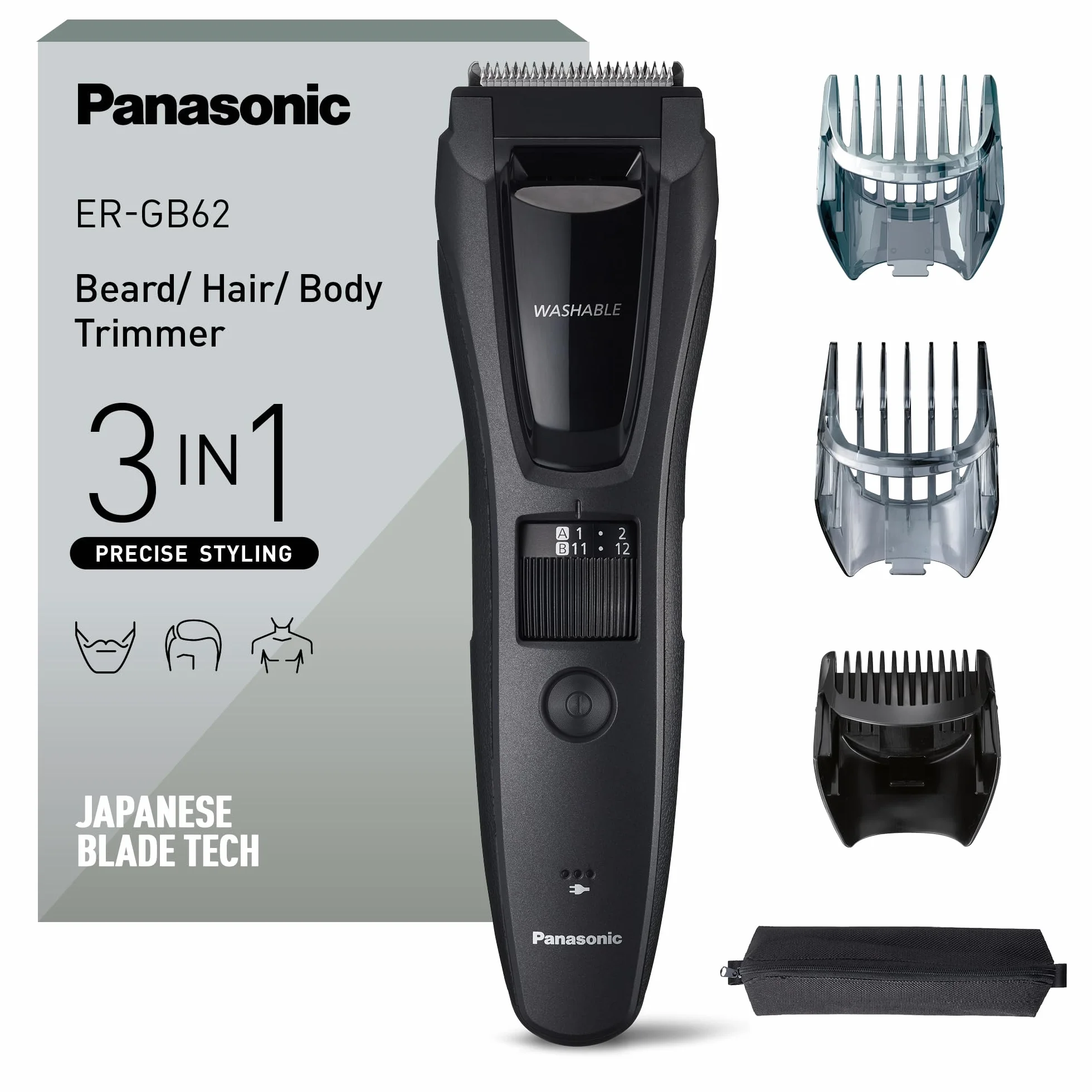 Panasonic ER-GB62-H503 Bart-, Haar- & Körperschneider für Männer, tragbarer, kabelloser, wasserdichter Trimmer, 39 Längeneinstellungen, 3 Aufsätze, kabelloser & kabelgebundener Betrieb, Mattgrau