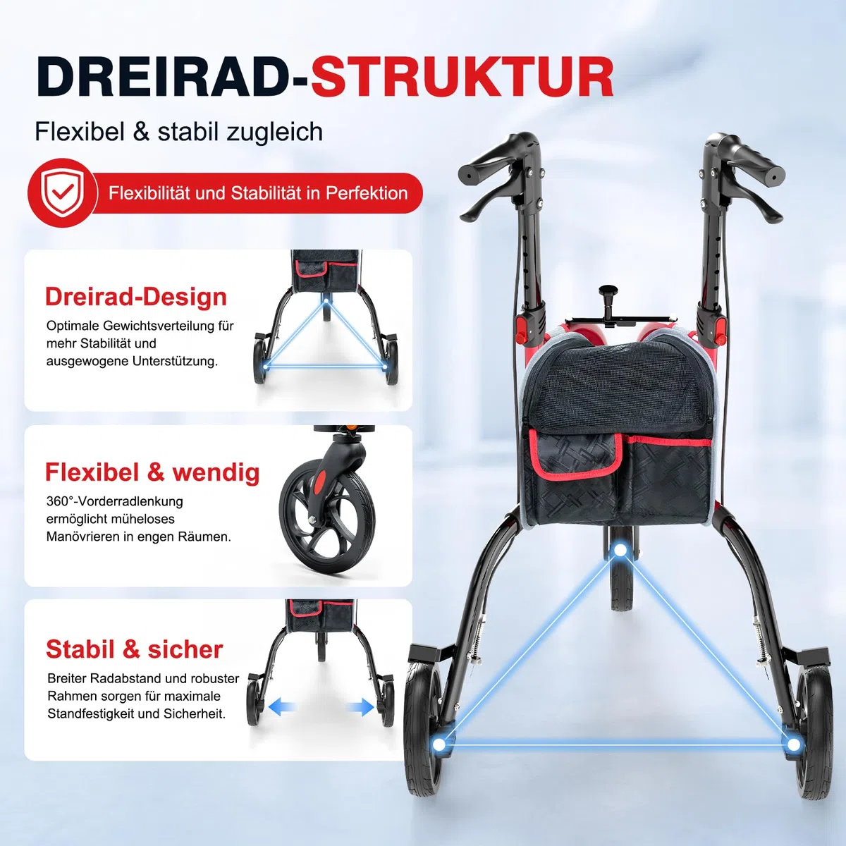 3 Rädern Leichter Schmal Rollatoren für Senioren, Tragkraft 158kg | Schmaler, zusammenklappbarer Rollator mit Rädern, höhenverstellbarer Rollator für ältere Menschen, Aluminiumlegierung