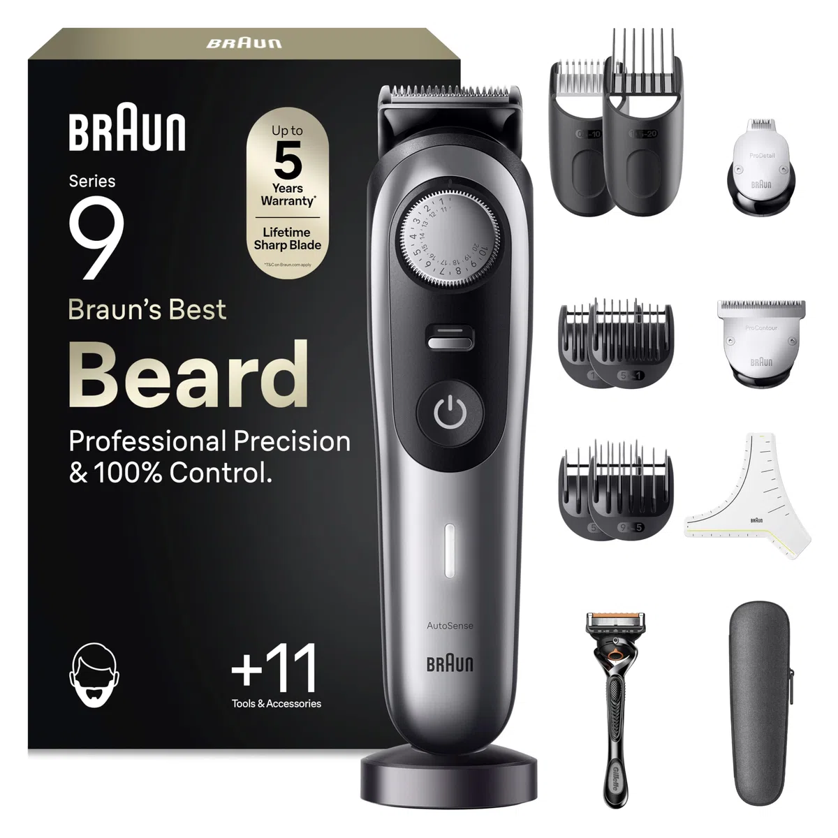 Braun Barttrimmer Series 9, Elektrischer Bartschneider Herren mit 11 Barber-Tools, Ultrascharfe ProBlade Klinge, 180 Min Akkulaufzeit, Kabelloser Bartrasierer, 40 Längen, Wasserdicht, BT9440, Chrom