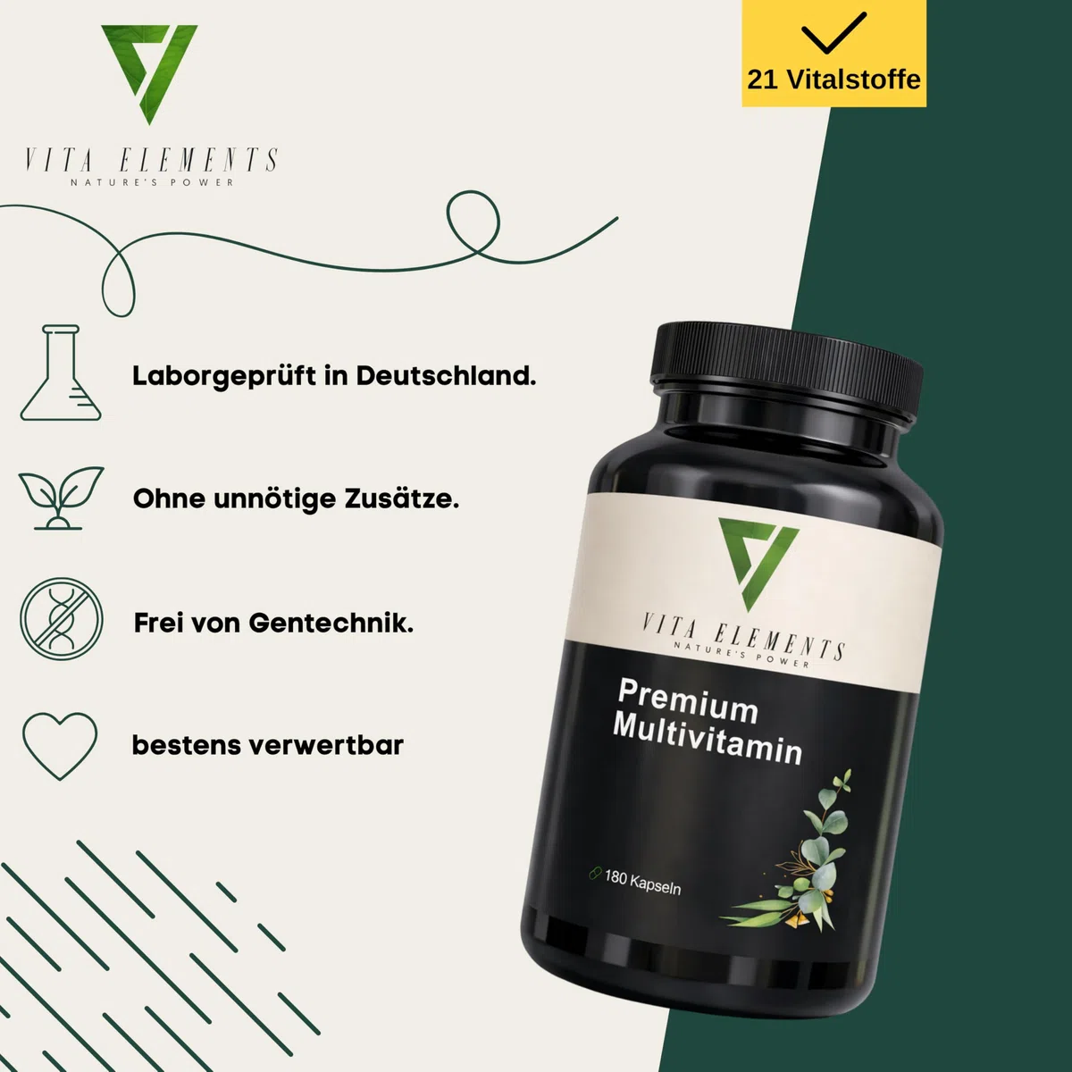 Vita Elements Multivitamin Komplex - 180 Kapseln - 21 Vitalstoffe von A-Z - 3 Monate Vorrat - Bioaktiv-Formen - Ohne Zusätze - Hochdosiert - Laborgeprüfte Qualität