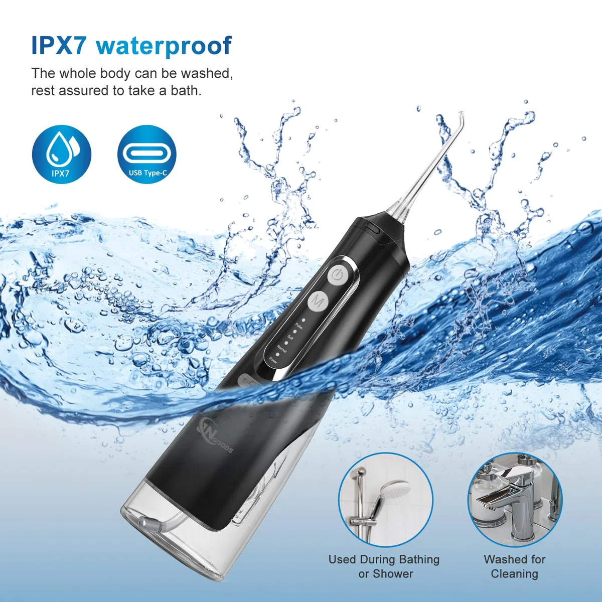JNGOODS Kabellose Munddusche, 310 ml, wiederaufladbar, Wasserflosser für Zähne, IPX7, wasserdicht, 4 Modi, tragbare Bewässerung mit 4 Strahlspitzen, für Reisen und Zuhause, Schwarz