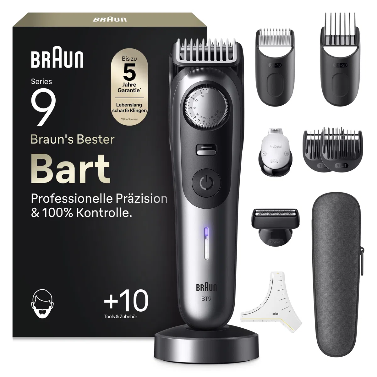 Braun Barttrimmer Series 9, Kabelloser Bartschneider Herren, BT9545, Chrom - Bart Rasierer mit 52 Längen, Trimmer mit 180 Min. Akku, Wasserdicht, Inkl. 10 Barber-Tools, Lebenslang Ultrascharfe Klinge