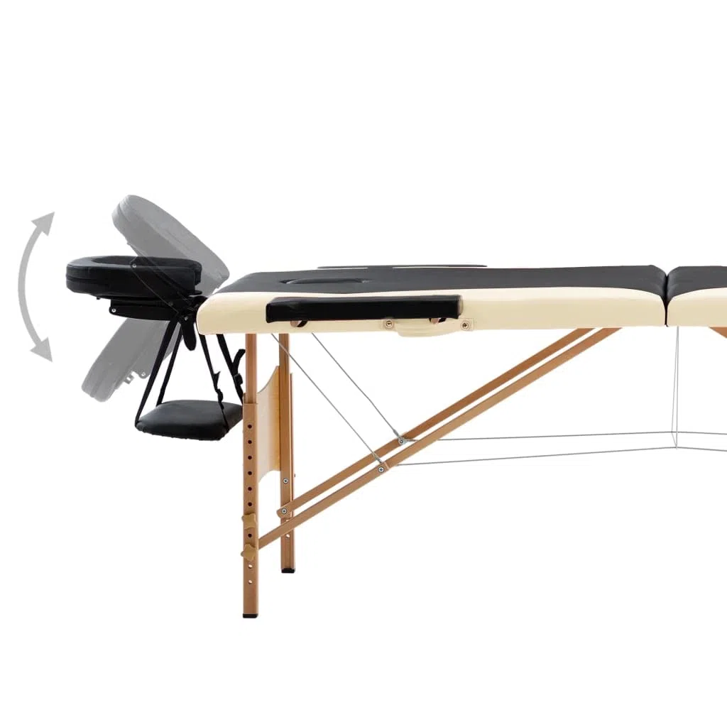 Massageliege Klappbar 2-Zonen, Mobiler Massagetisch mit Holzgestell, Höhenverstellbar, Tragbare Kosmetikliege mit Tragetasche, Schwarz Beige