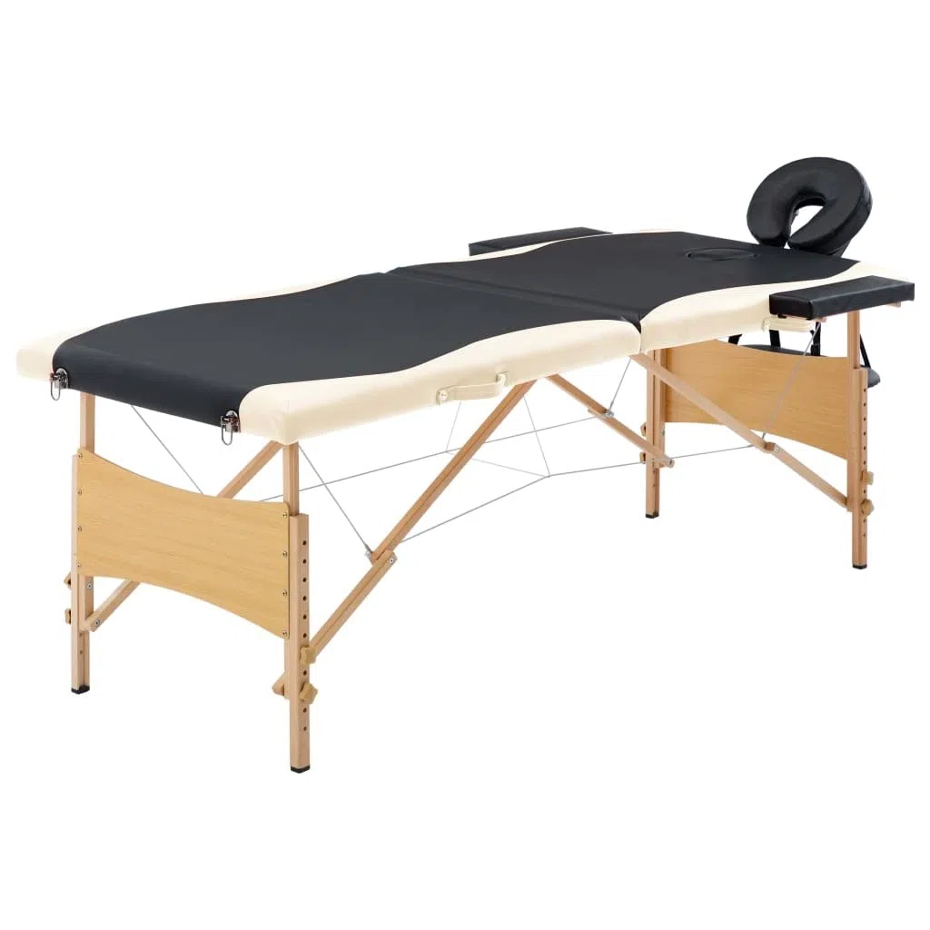 Massageliege Klappbar 2-Zonen, Mobiler Massagetisch mit Holzgestell, Höhenverstellbar, Tragbare Kosmetikliege mit Tragetasche, Schwarz Beige