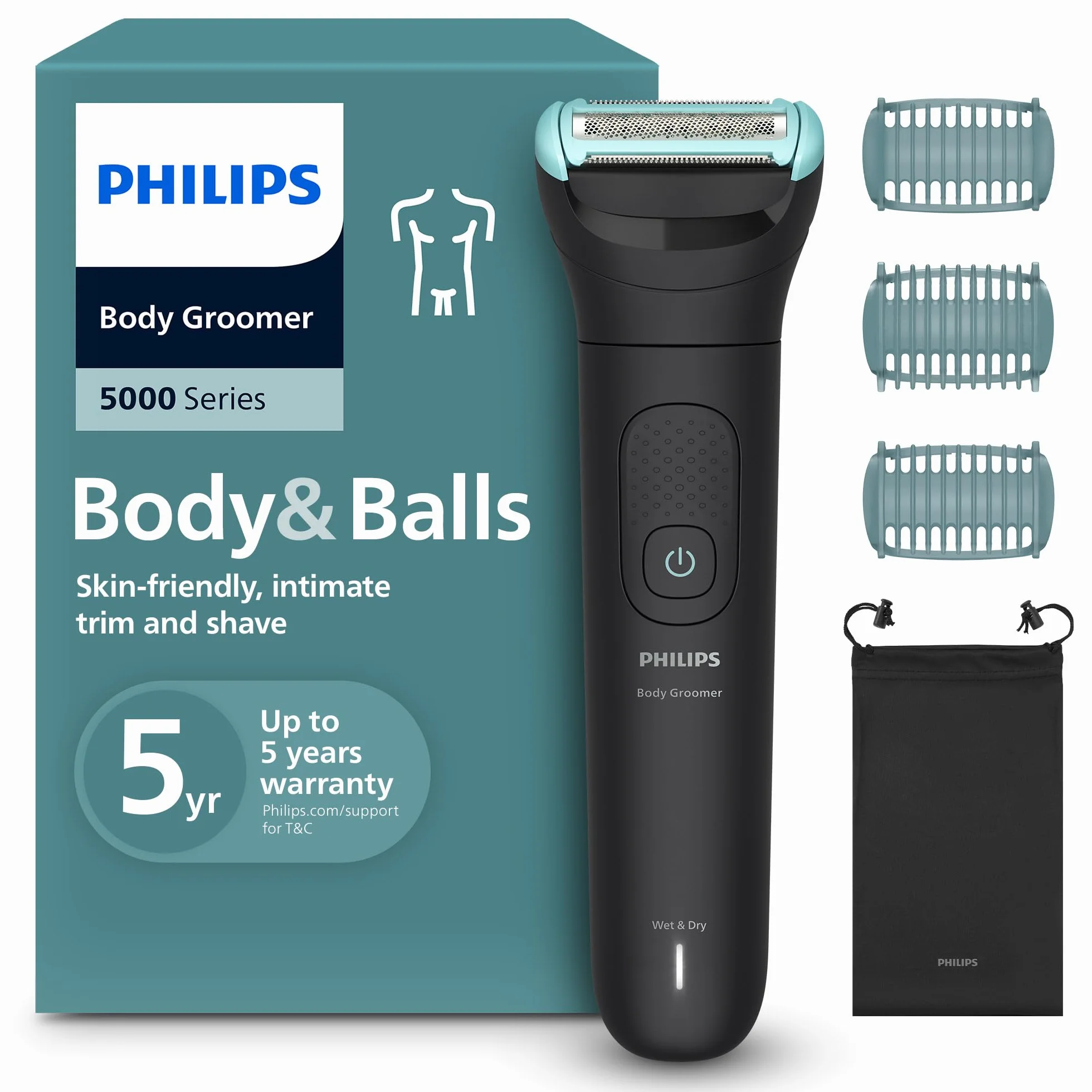Philips Bodygroom Series 5000 – Trimmer für Männer mit Rasiersystem mit Dreifachschutz, auch zur Nutzung im Intimbereich, 100% duschfest, 100 Min. Laufzeit, Modell BG5470/15