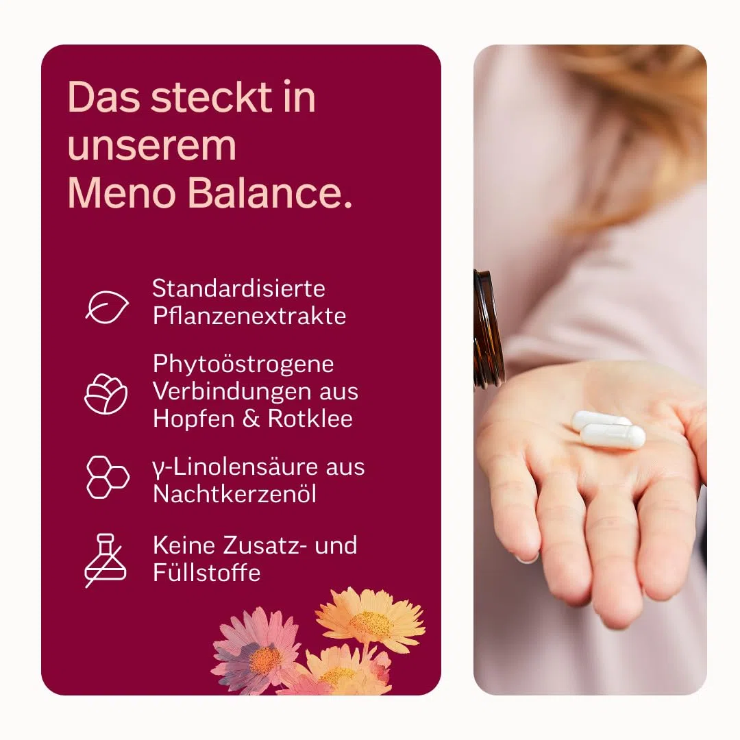 edubily® Meno Balance Kapseln – Pflanzlicher Komplex mit Nachtkerzenöl, Safran-, Hopfen-, Rotklee- & Ginseng-Extrakt für Frauen rund um die Menopause - Standardisiert - Ohne Soja - Vegan (120 Kapseln)