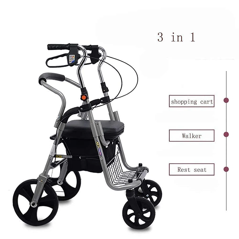 Rollatoren, Gehhilfen für Senioren, zusammenklappbarer Gehwagen, Einkaufswagen, Rollator mit vier Rädern, mit gepolstertem Sitz, ergonomischen Griffen und Einkaufskorb, geeignet für ältere M