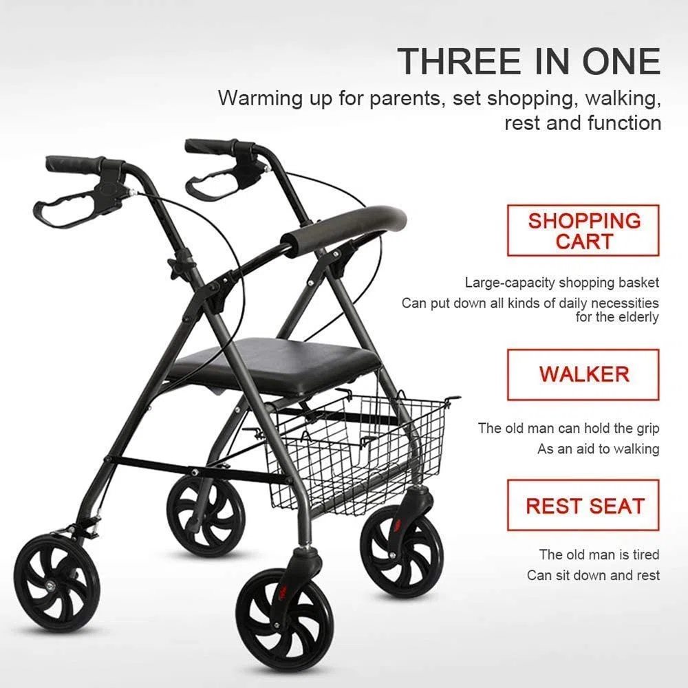 FHISD Gehhilfe für ältere Menschen, Aluminium-Rollator mit vier Rädern und gepolstertem Sitz, Einkaufskorb, feststellbare Bremsen, ergonomische Griffe, leichter zusammenklappbarer Rollator Interesting