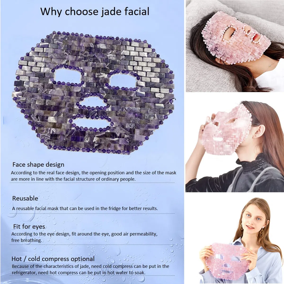 Rosenquarz-maske Amethyst gesichtsmaske mit Jade blume roller Gua Sha-set für Spa-hautpflege-werkzeug Kältetherapie Schönheitswerkzeug Zur Linderung von Gesichts ( Color : Purple , Size : 1 PCS )
