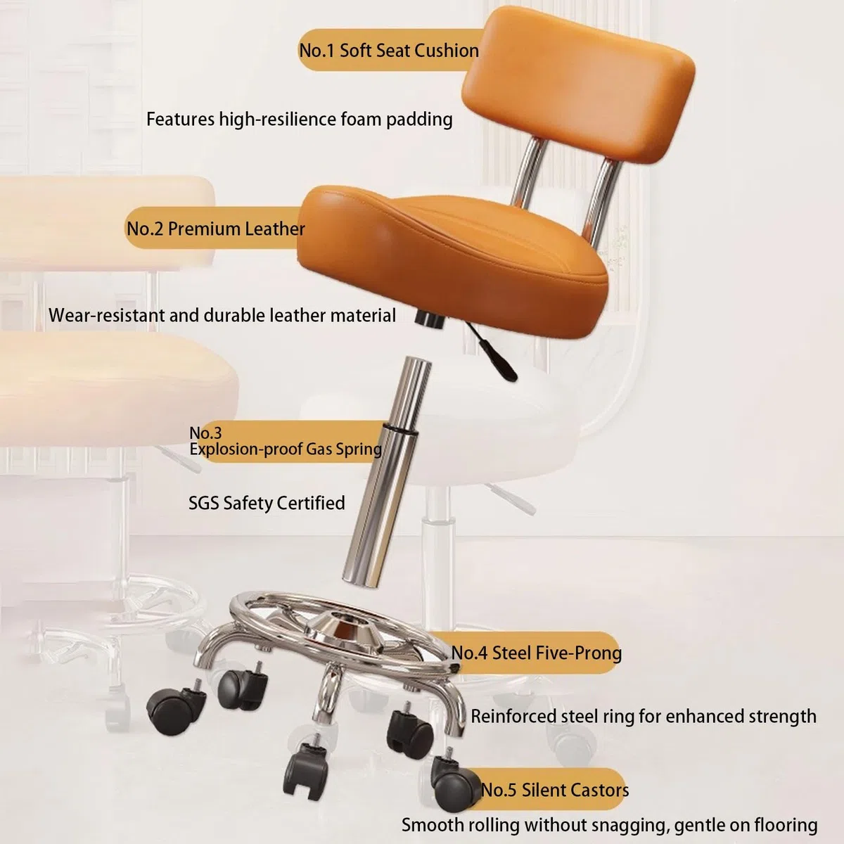 Drehhocker Mit Rückenlehne Rollhocker Höhenverstellbar Werkstatthocker Mit Rollen Ergonomischer Verdickter PU-Leder-Drehsattelstuhl Für Salon Spa Massage Klinik(Gray)