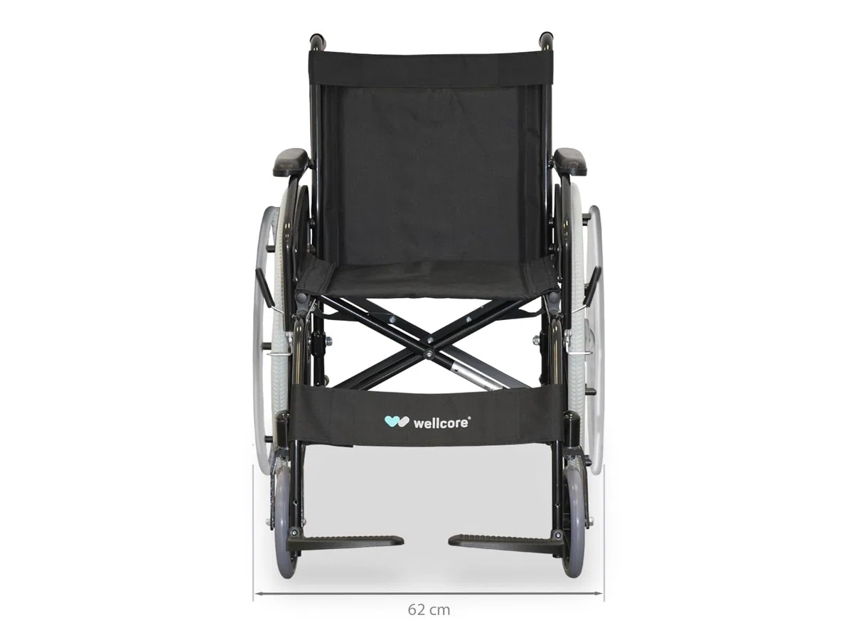 WELLCORE Stahl Faltbarer Rollstuhl, Stahlrahmen, leicht und kompakt, stabile Rollen, Griffbremsen, klappbare Rückenlehne, Sitzbreite 46 cm, bis 100 kg