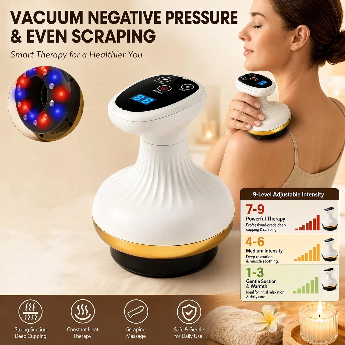 Vacuvia Cellulite Massager, Massagegerät mit Wärmetherapie, Gua Sha Elektrisch, Rotlicht & Blaues Licht, 9 Heizstufen+9 Saugstufen, Durchblutung, für Bauch, Taille, Arme, Beine, Gesäß