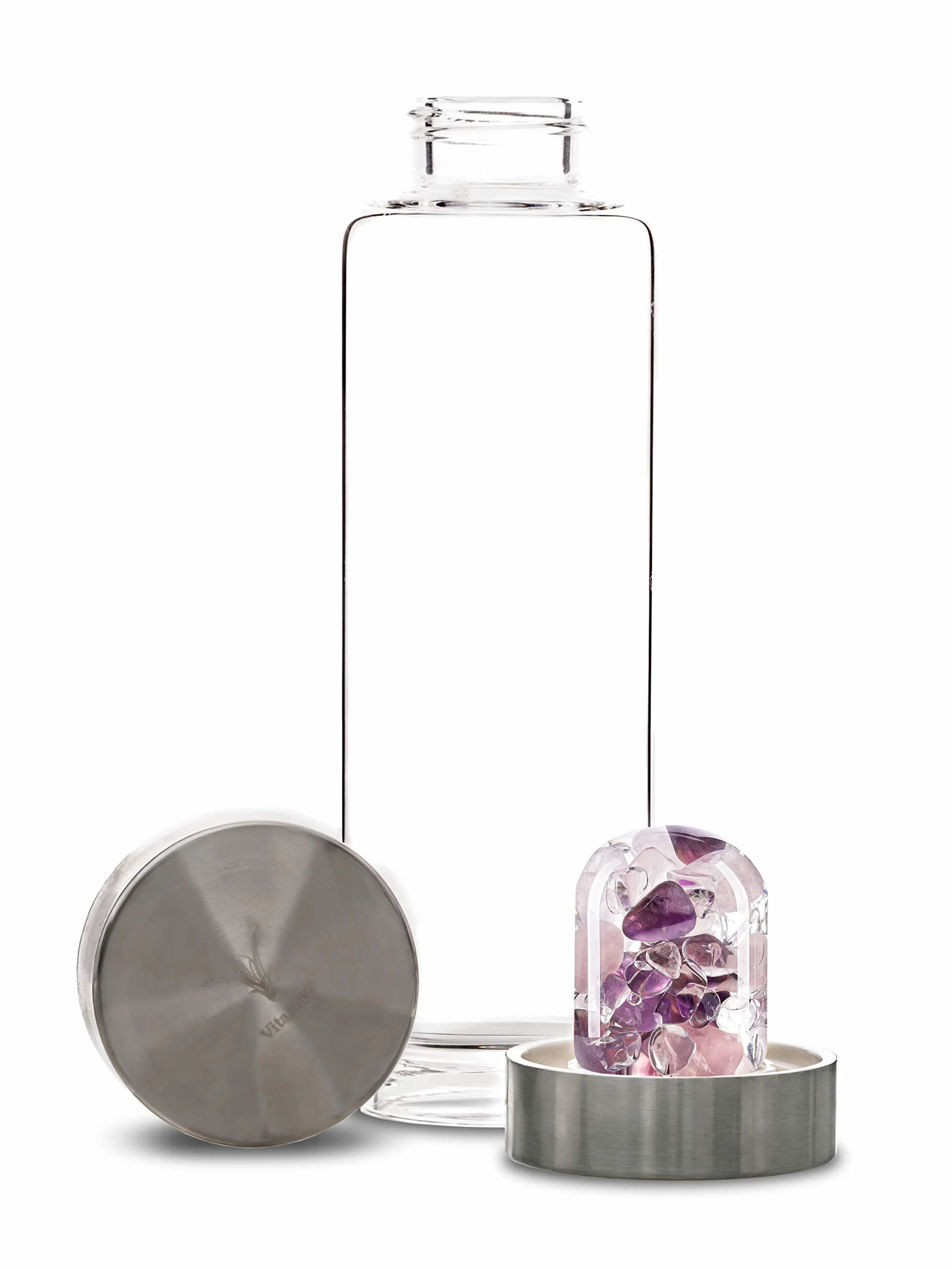 VitaJuwel ViA WELLNESS | Wasserflasche mit Amethyst · Rosenquarz · Bergkristall | Entspannung · Herzlichkeit · Klarheit