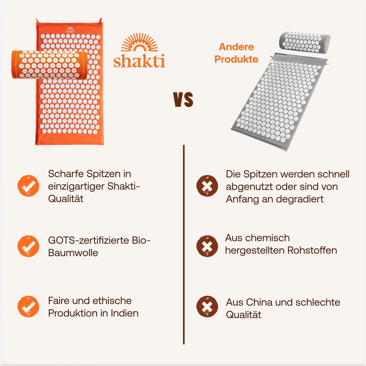 ShaktiMat [Das Original seit 2007] Akupressurmatte und Akupressurkissen zur Entspannung für Rücken, Nacken, Füße, Ethische Handarbeit, GOTS-zertifizierte Bio-Baumwolle, Orange