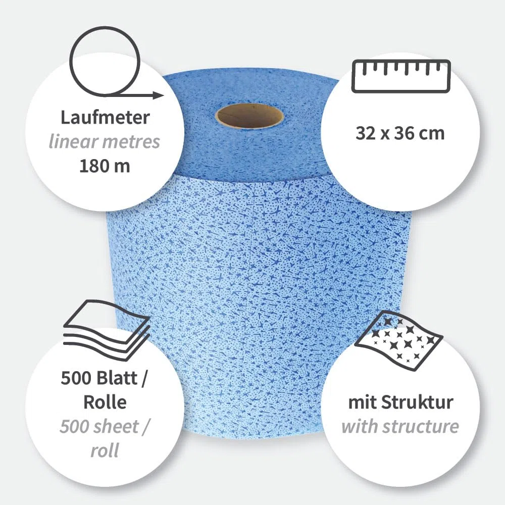1x500 Abrisse, Reinigungstücher, FRANZ MENSCH, Ø7cm Kern, blau, PP, Premium | Rolle, 36 x 32 cm, 180 m, Wischtücher, Putztücher, cleaning wipes, Werkstatt, Industrie, Gastronomie, Küche
