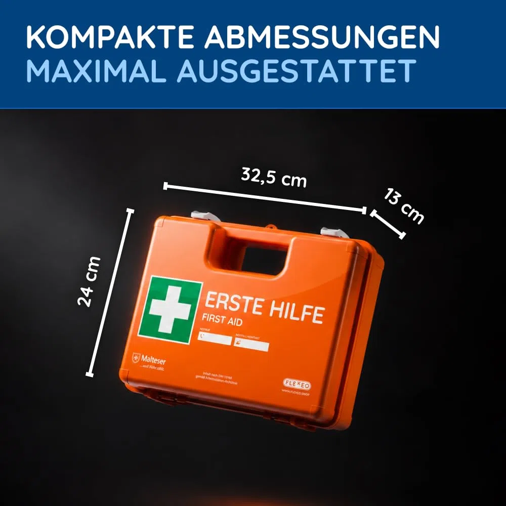 FLEXEO Erste Hilfe Koffer DIN 13169 | Inkl. Wandhalterung, Plombe, Stickern | Erste Hilfe Kasten/Verbandkasten für Betriebe, Unternehmen, Gewerbe, Baustellen