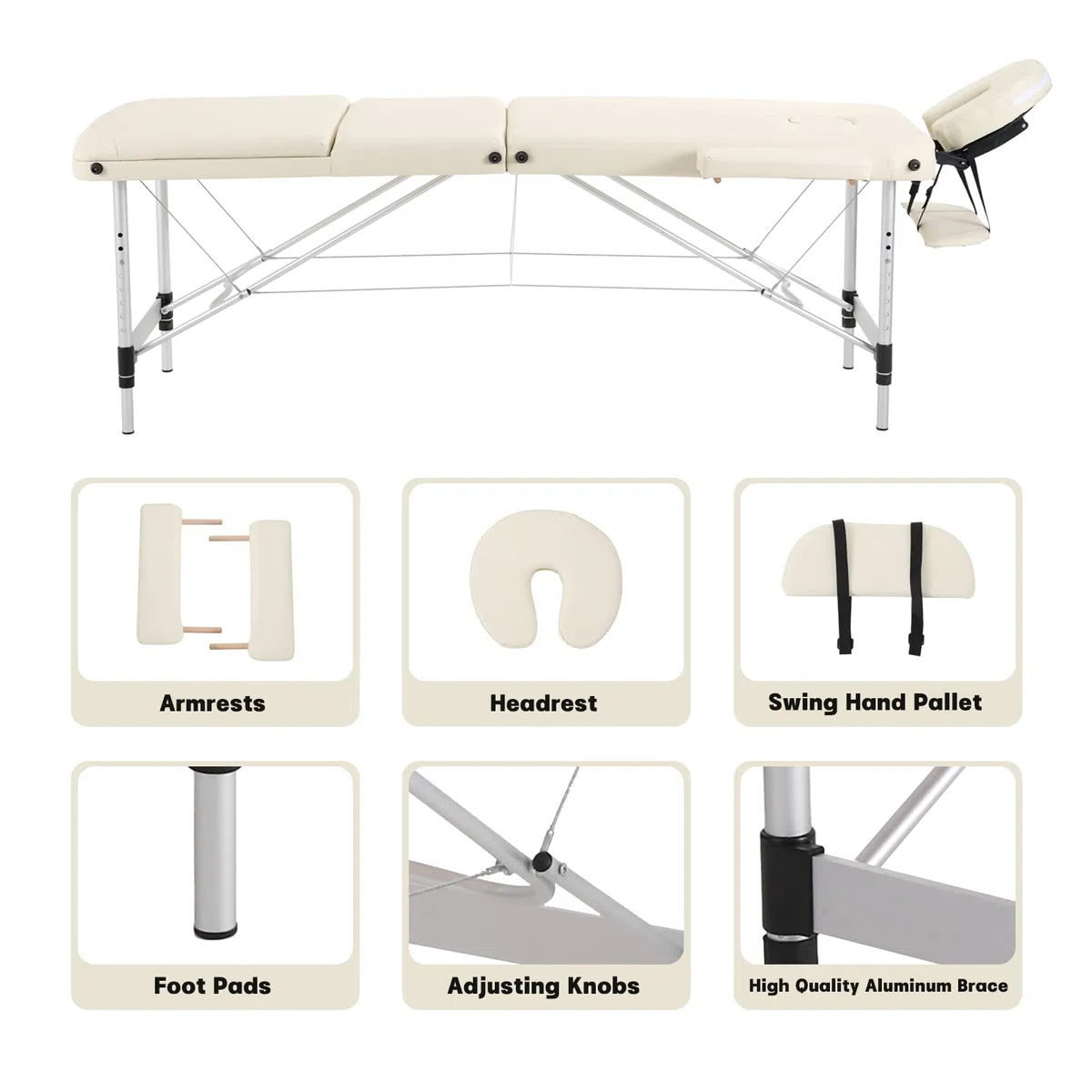 Panana Mobile Massageliege Klappbar 3 Zone, Höhenverstellbare Massagebank Aluminium mit Kopfstütze & Armlehnen und Tragtasche, Massagetisch für Kosmetik, Spa, Salon, Tattoo (Beige)