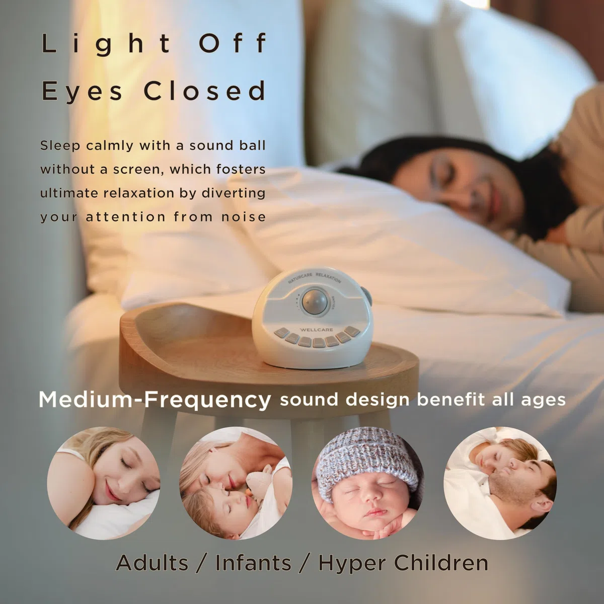 WELLCARE Naturcare Sound Relaxation, weißes Rauschen, 7 Naturgeräusche, Schlaf-Sound-Maschine, beruhigende Säuglinge, für Baby, Kinder, Erwachsene. Stufenlose Lautstärke, Timer, Stromversorgung über