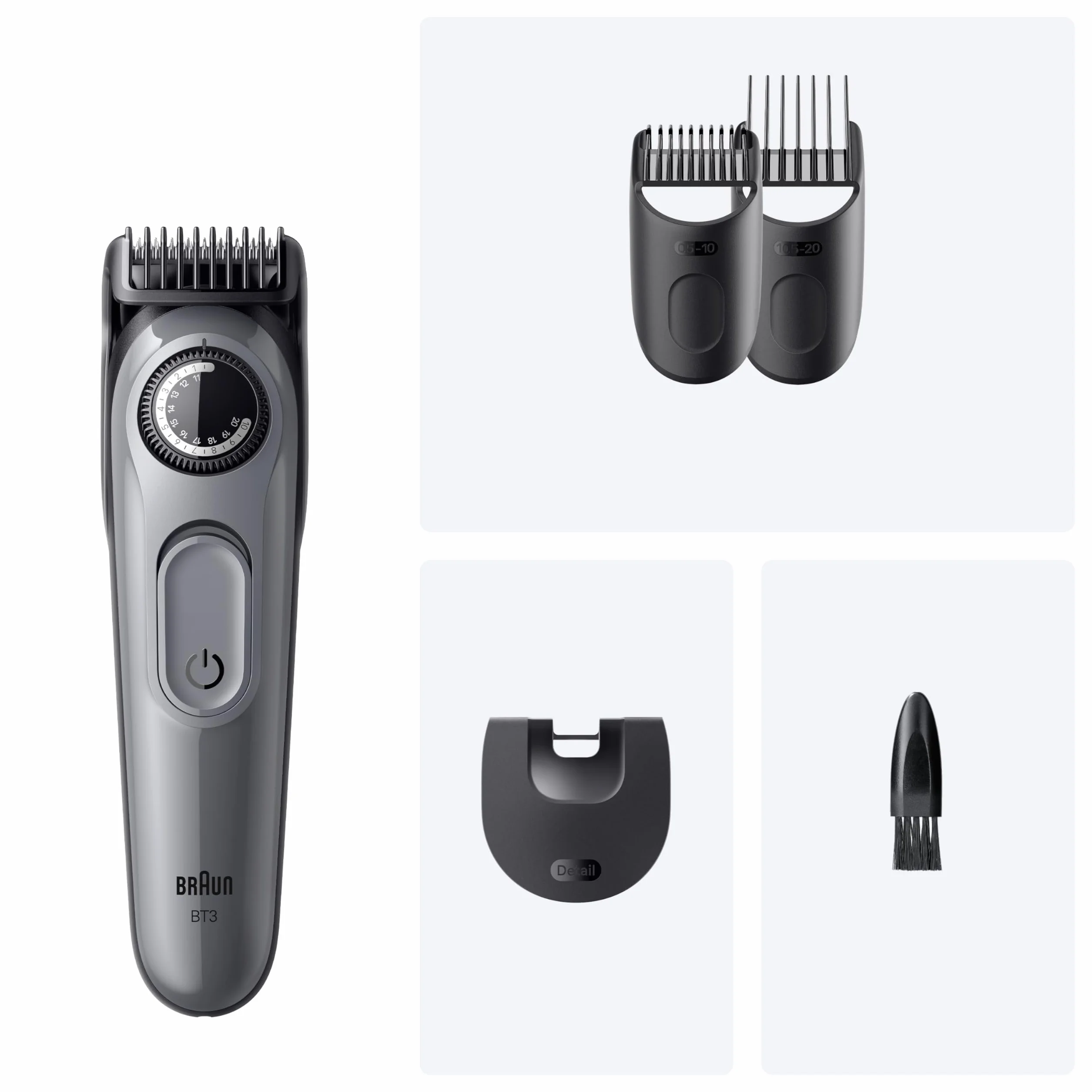Braun Barttrimmer Series 3, Elektrischer Bartschneider Herren, 4 Zubehörteile, Ultrascharfe Klinge, 50 Min Akkulaufzeit, Kabelloser Bartrasierer, 40 Längen, BT3525, Grau